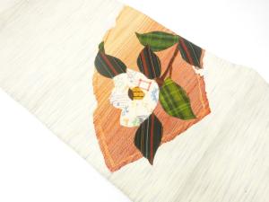 アンティーク　手織り紬　パッチワーク　椿模様名古屋帯